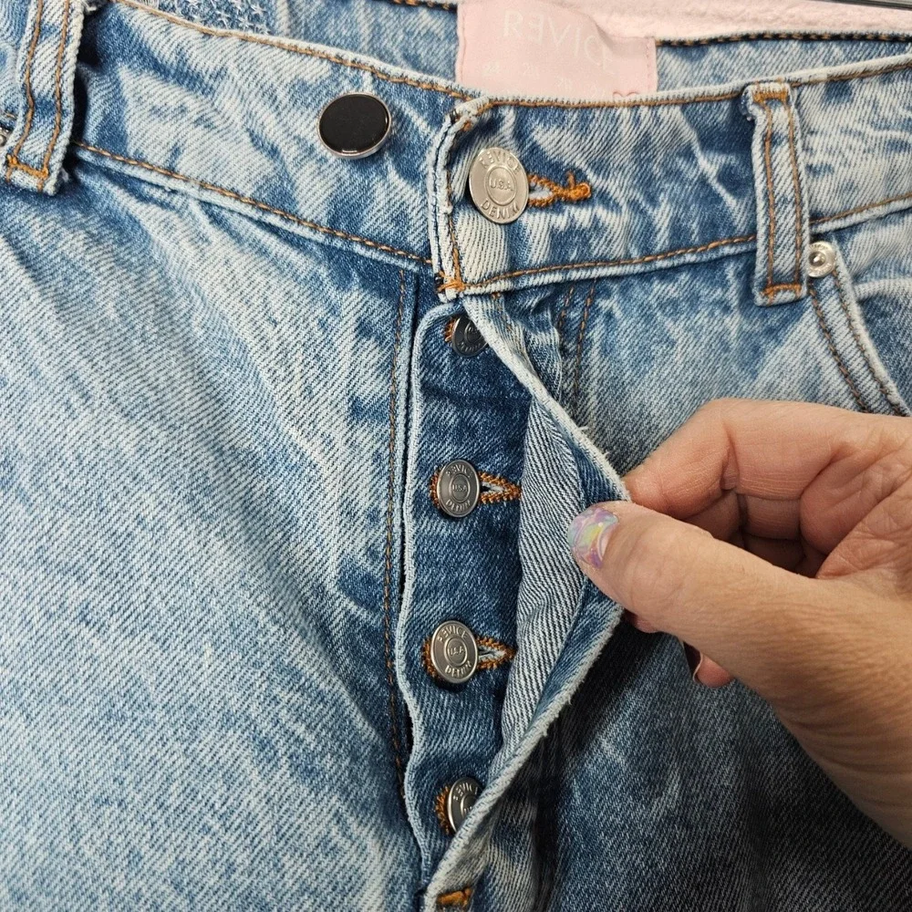 Revice Denim High Waisted Straight Leg Jeans Light Wash Distressed Size 27 *FLAW